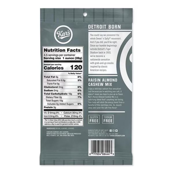 Fresh Harvest Trail Mix, Raisin Almond Cashew, 4.5 oz Bag, PK12, 12PK, Kars, Mfr#: KAR08444